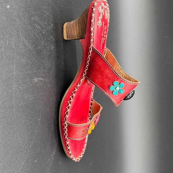 Spring Step Via R Leather Red Floral Slip On Kitten Heels Sandals Size 38 US 7.5 - Picture 6 of 9